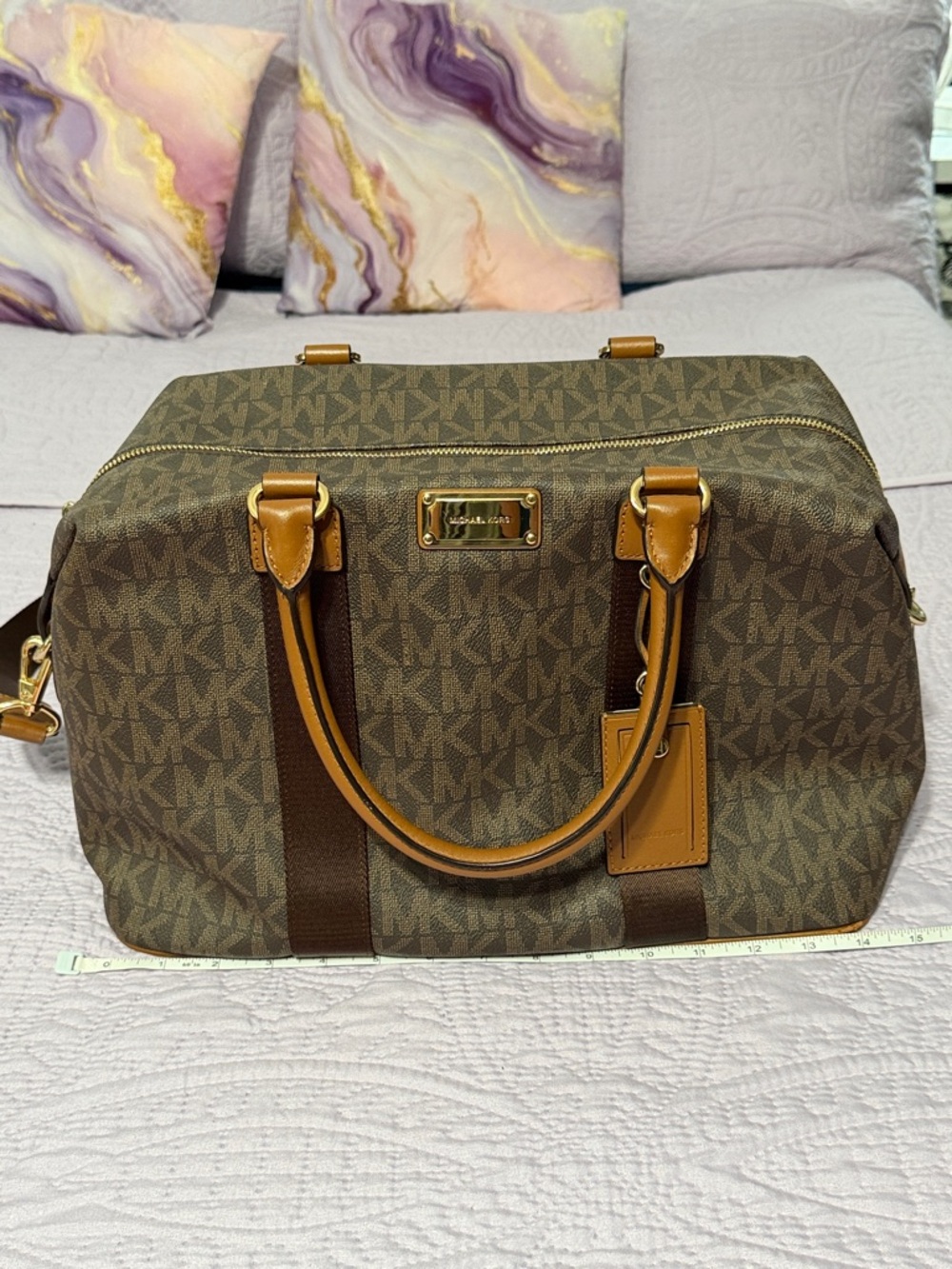 Michael Kors Brown Monogram
Travel Bag with Tan Leather Trim